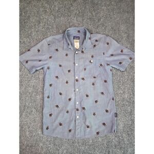 Patagonia Button Down Shirt Mens S Blue Organic Cotton Short Sleeve Bird Print
